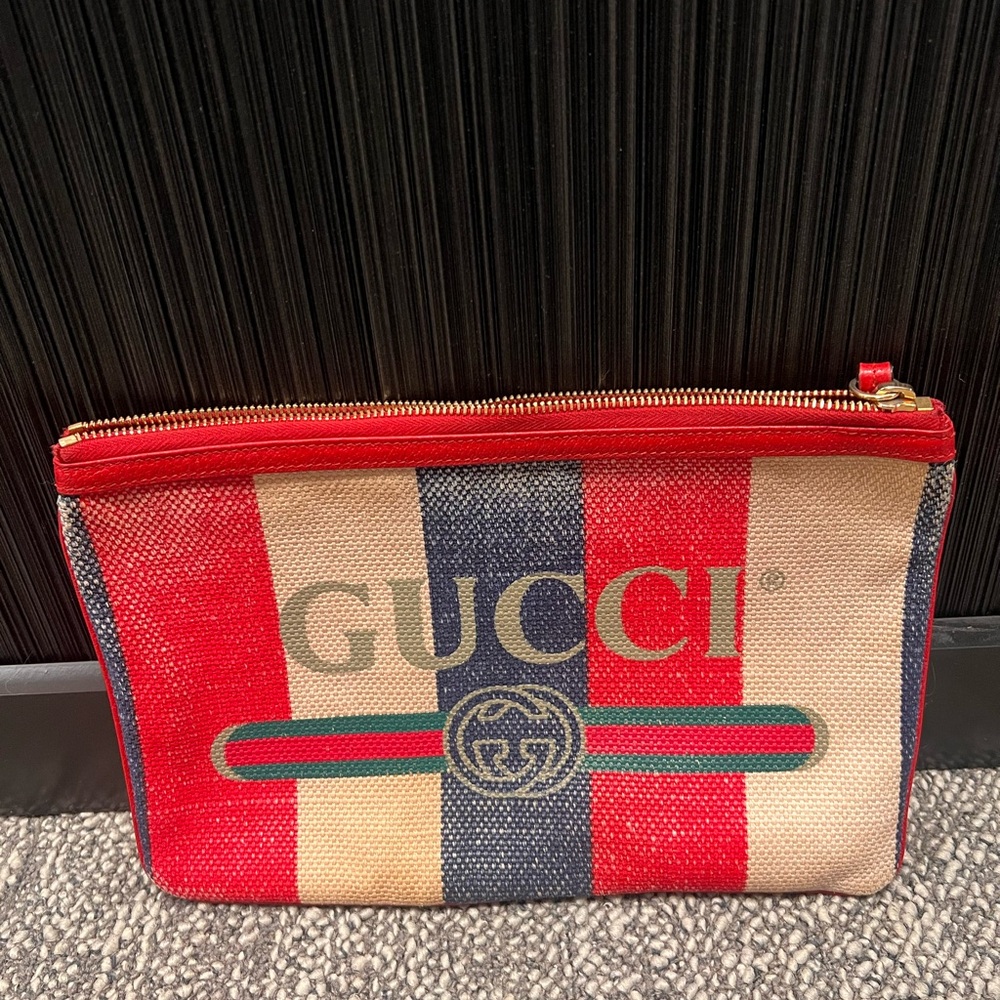 Gucci Baiadera Stripe Canvas Clutch - Red/White/Blue - Serial 524788 - Authentic